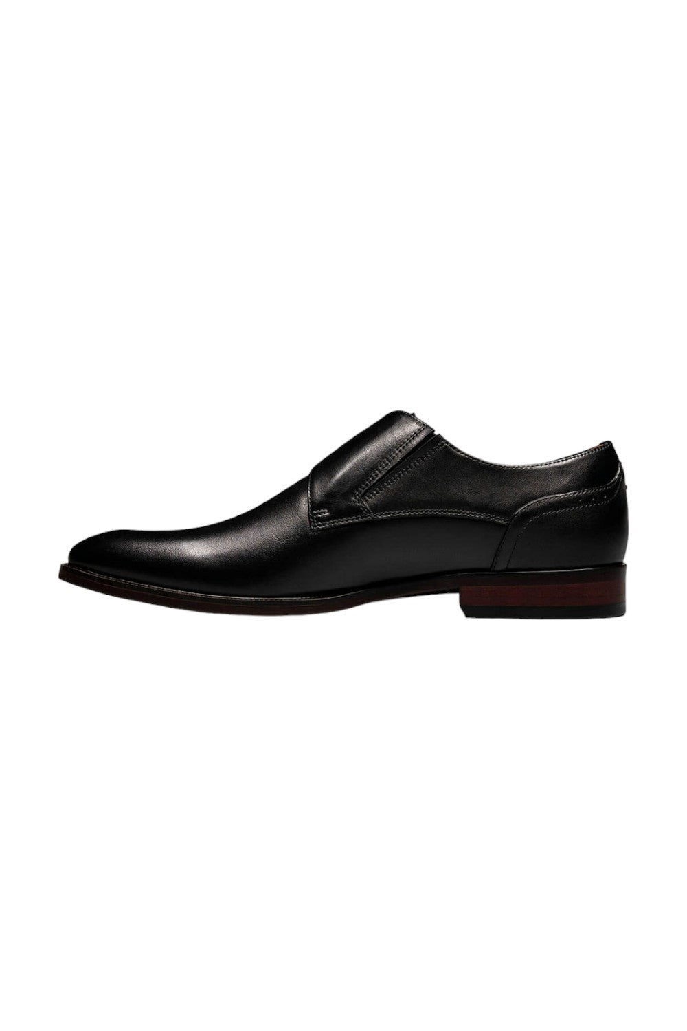 The Florsheim Sorrento Plain Toe Single Monk Strap features a rich leather upper with an elegant buckle and a sleek silhouette. The convenience of a slip on is further enhanced by the comfort of its fully cushioned leather covered footbed and soft leather linings.