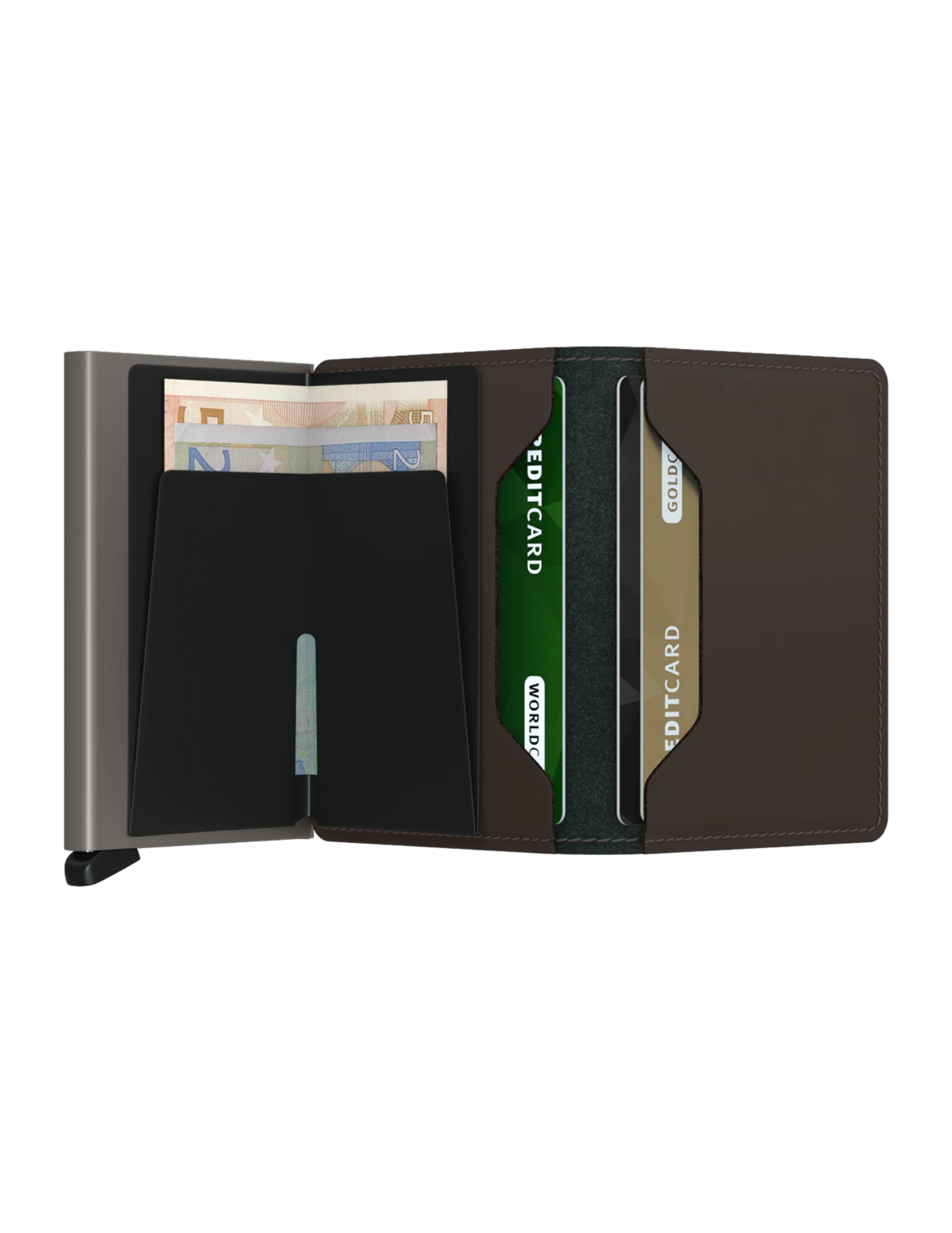 Its slim profile makes the Slimwallet fit perfectly into every pocket. The open exterior is cut extra wide to hold cards, banknotes and receipts. The Cardprotector mechanism allows you to slide out cards with one simple motion, while the aluminium protects your cards from bending, breaking and unwanted wireless communication.