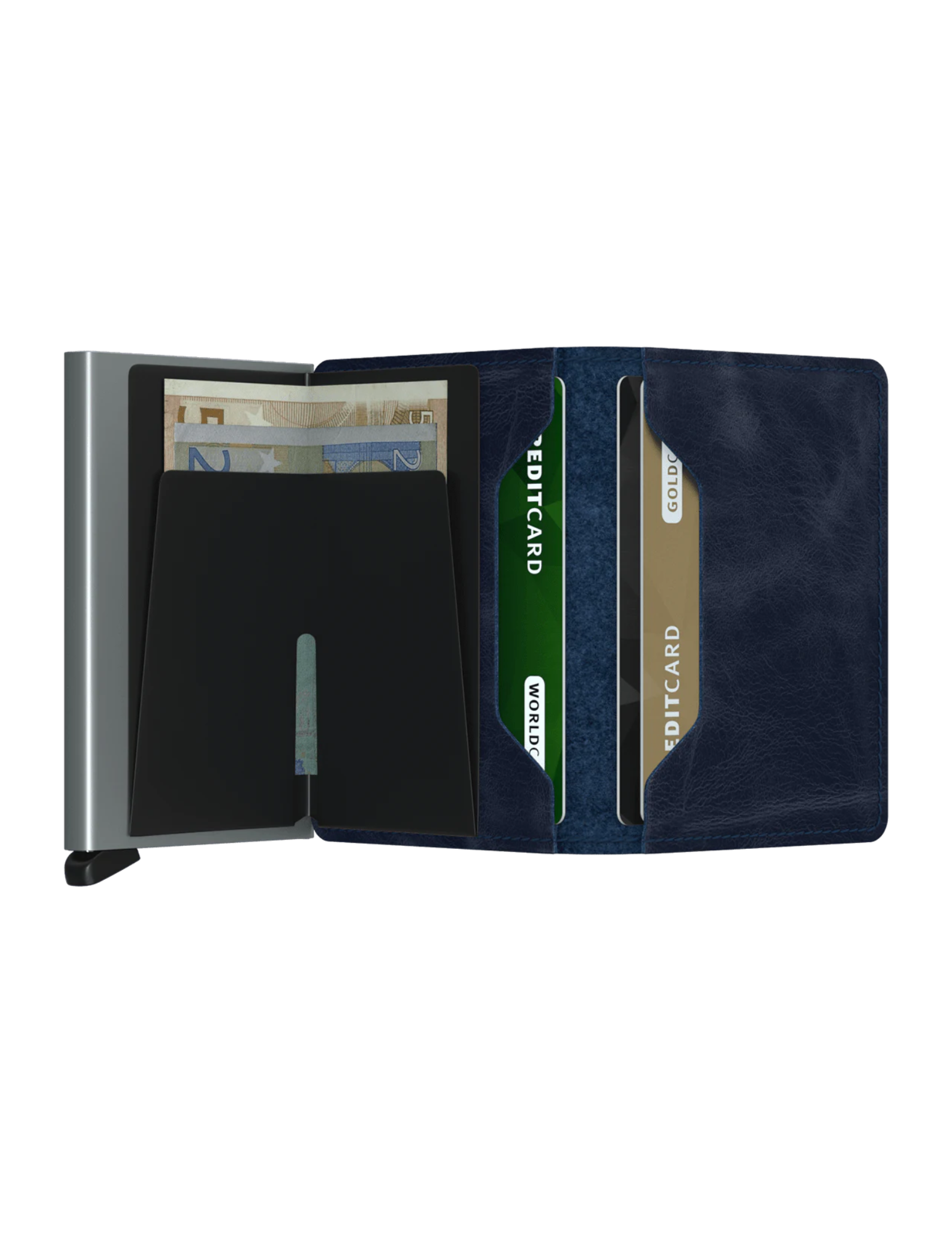 Its slim profile makes the Slimwallet fit perfectly into every pocket. The open exterior is cut extra wide to hold cards, banknotes and receipts. The Cardprotector mechanism allows you to slide out cards with one simple motion, while the aluminium protects your cards from bending, breaking and unwanted wireless communication.