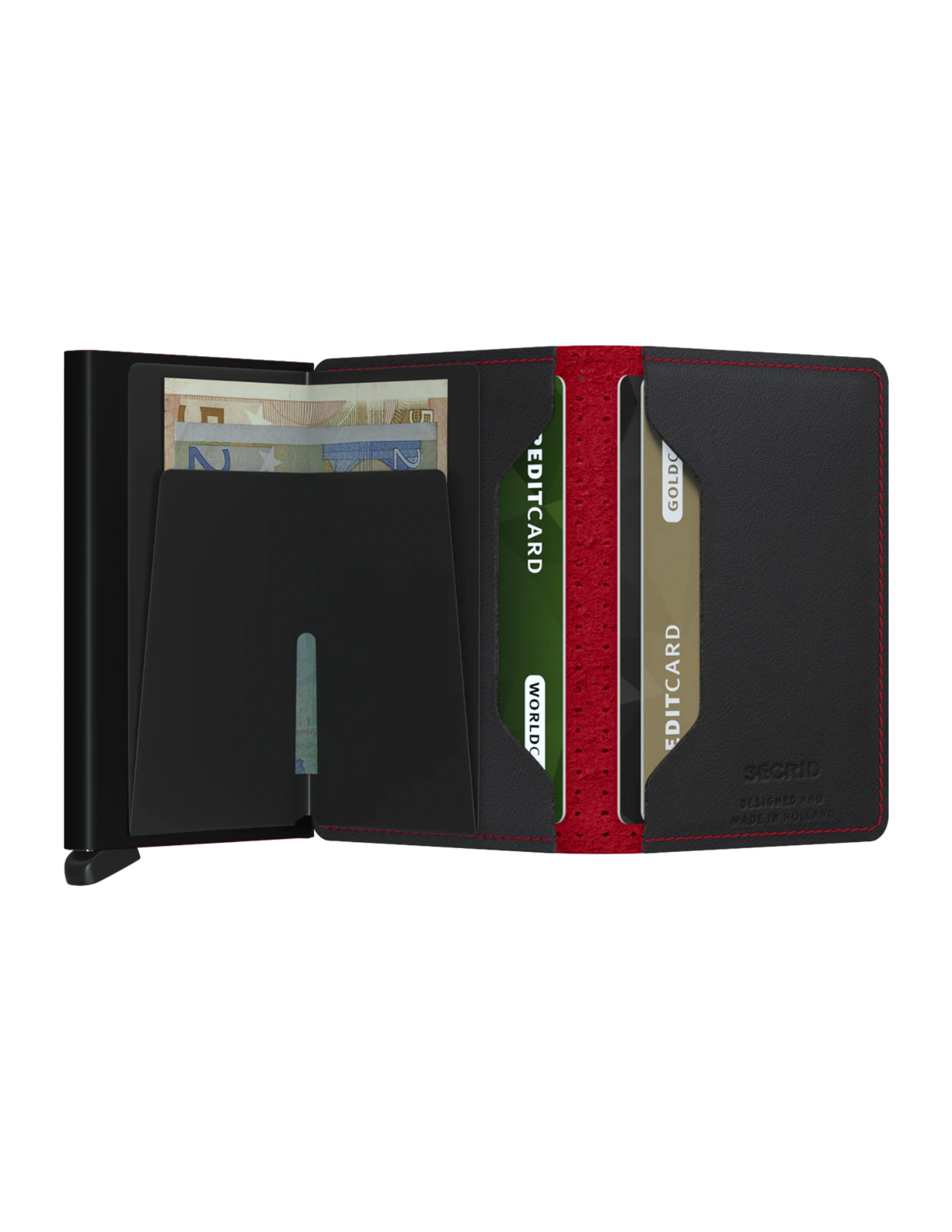 Its slim profile makes the Slimwallet fit perfectly into every pocket. The open exterior is cut extra wide to hold cards, banknotes and receipts. The Cardprotector mechanism allows you to slide out cards with one simple motion, while the aluminium protects your cards from bending, breaking and unwanted wireless communication.