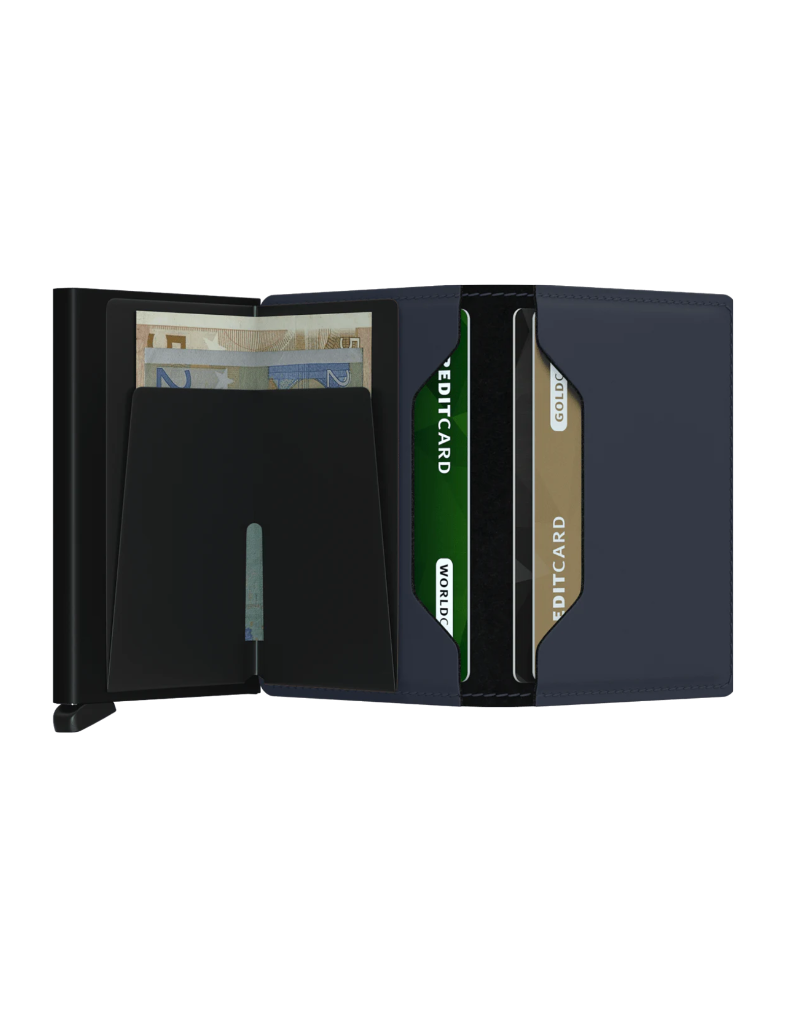 Its slim profile makes the Slimwallet fit perfectly into every pocket. The open exterior is cut extra wide to hold cards, banknotes and receipts. The Cardprotector mechanism allows you to slide out cards with one simple motion, while the aluminium protects your cards from bending, breaking and unwanted wireless communication.