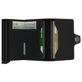 With two Cardprotectors to hold double the content, the Twinwallet carries up to 16 cards, banknotes and receipts, but remains compact in size. Together with its sturdy closure and exterior, to hold extra cards, banknotes and receipts, the Twinwallet holds much but remains compact in size.