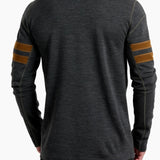 Dark gray long-sleeve shirt with brown accents on sleeves worn by a person, on a white background