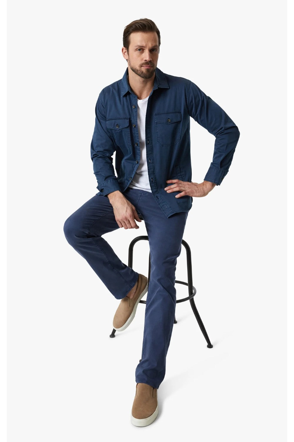 Designed For Comfort A dark blue wash and 5-pocket style gives this pant the appearance of refined denim, but these are made from super soft twill. We designed them with a higher rise and a relaxed straight leg for a balanced and timeless style.