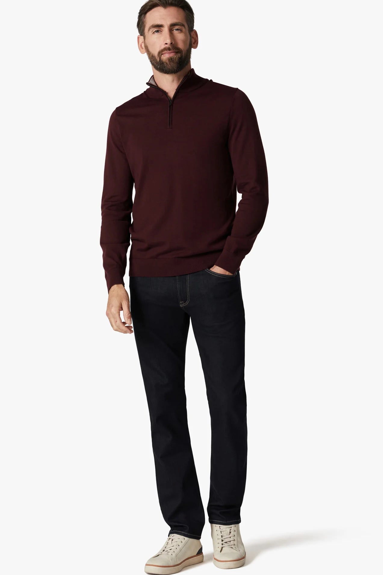 These contemporary pants are designed in a tailored, straight leg silhouette. Detailed with tonal hardware and contrast stitching, this mid-weight staple elevates any ensemble with its superior comfort, soft hand feel, and exceptional stretch.