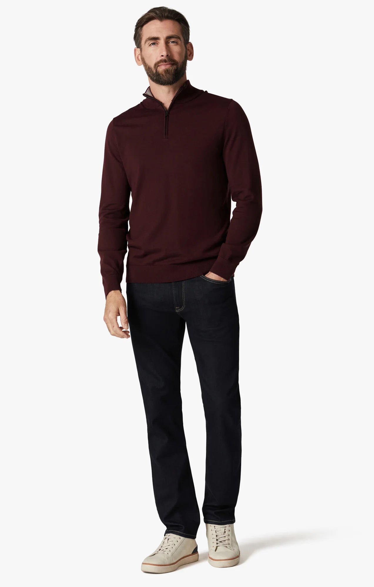 These contemporary pants are designed in a tailored, straight leg silhouette. Detailed with tonal hardware and contrast stitching, this mid-weight staple elevates any ensemble with its superior comfort, soft hand feel, and exceptional stretch.