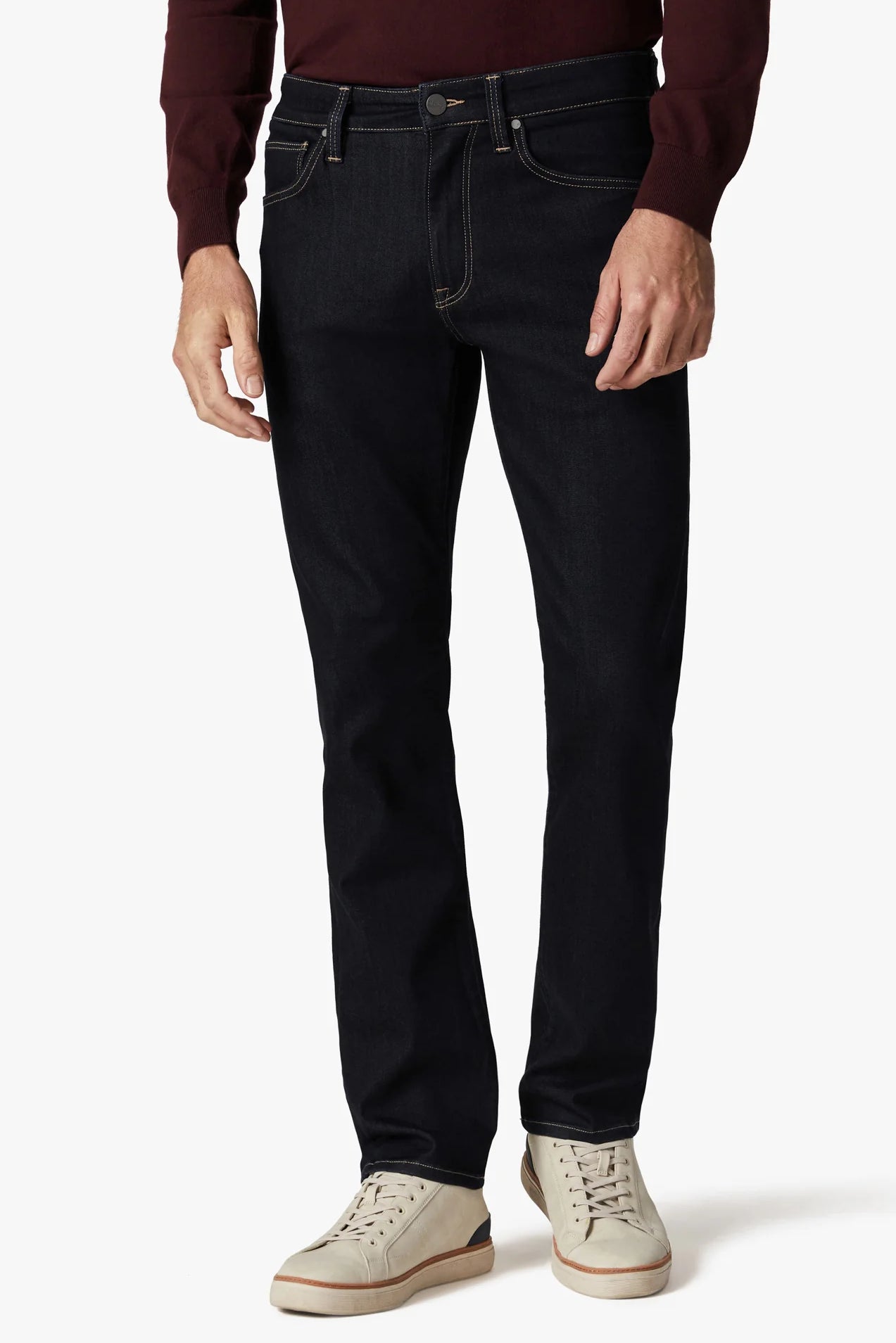 These contemporary pants are designed in a tailored, straight leg silhouette. Detailed with tonal hardware and contrast stitching, this mid-weight staple elevates any ensemble with its superior comfort, soft hand feel, and exceptional stretch.