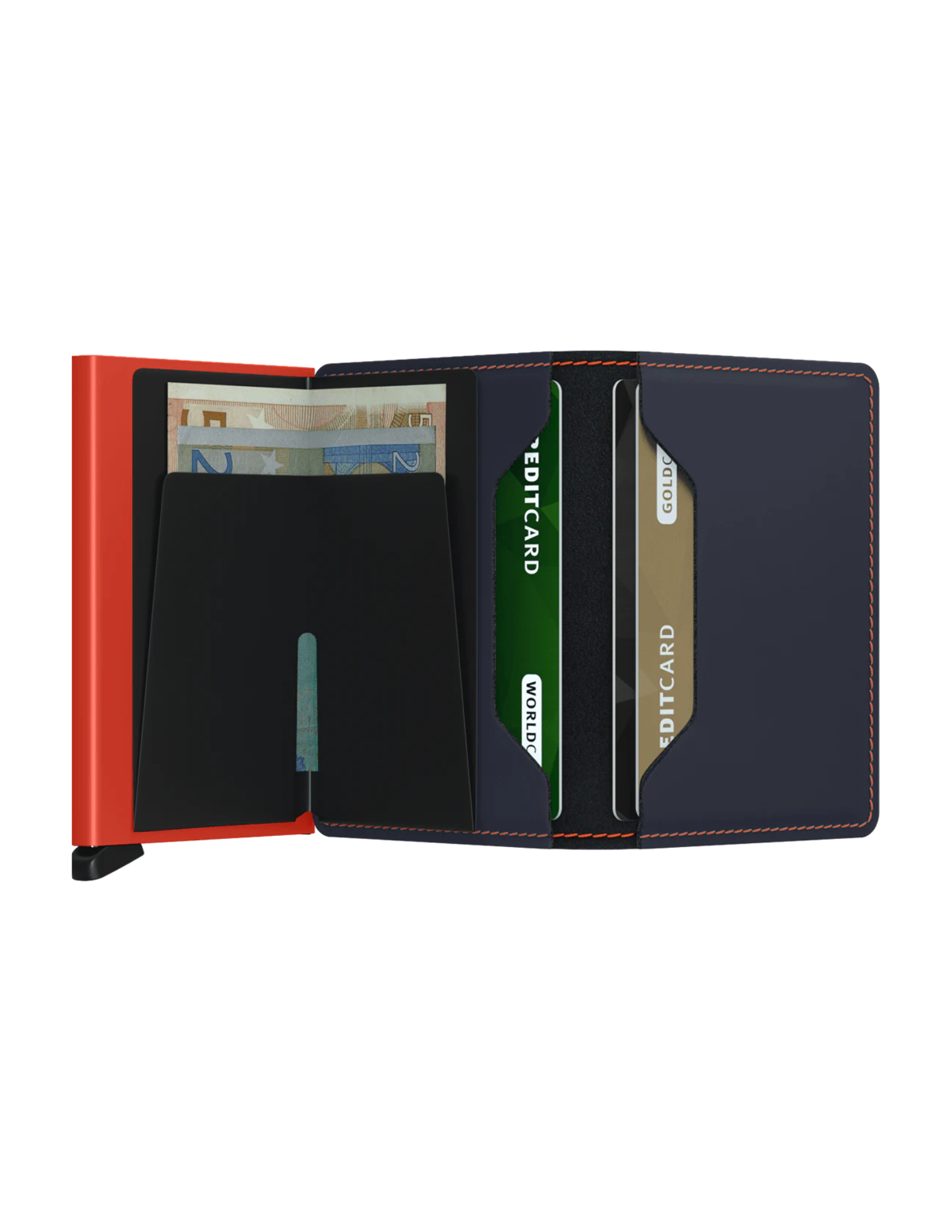 Its slim profile makes the Slimwallet fit perfectly into every pocket. The open exterior is cut extra wide to hold cards, banknotes and receipts. The Cardprotector mechanism allows you to slide out cards with one simple motion, while the aluminium protects your cards from bending, breaking and unwanted wireless communication.