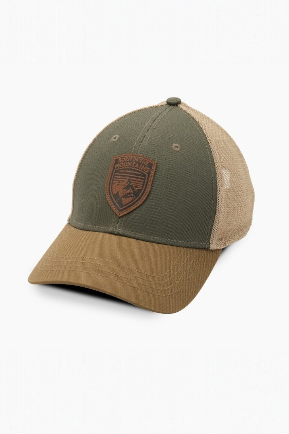 Green and brown baseball cap with a logo on a white background