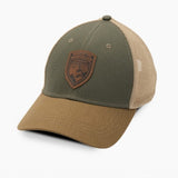 Green and brown baseball cap with a logo on a white background