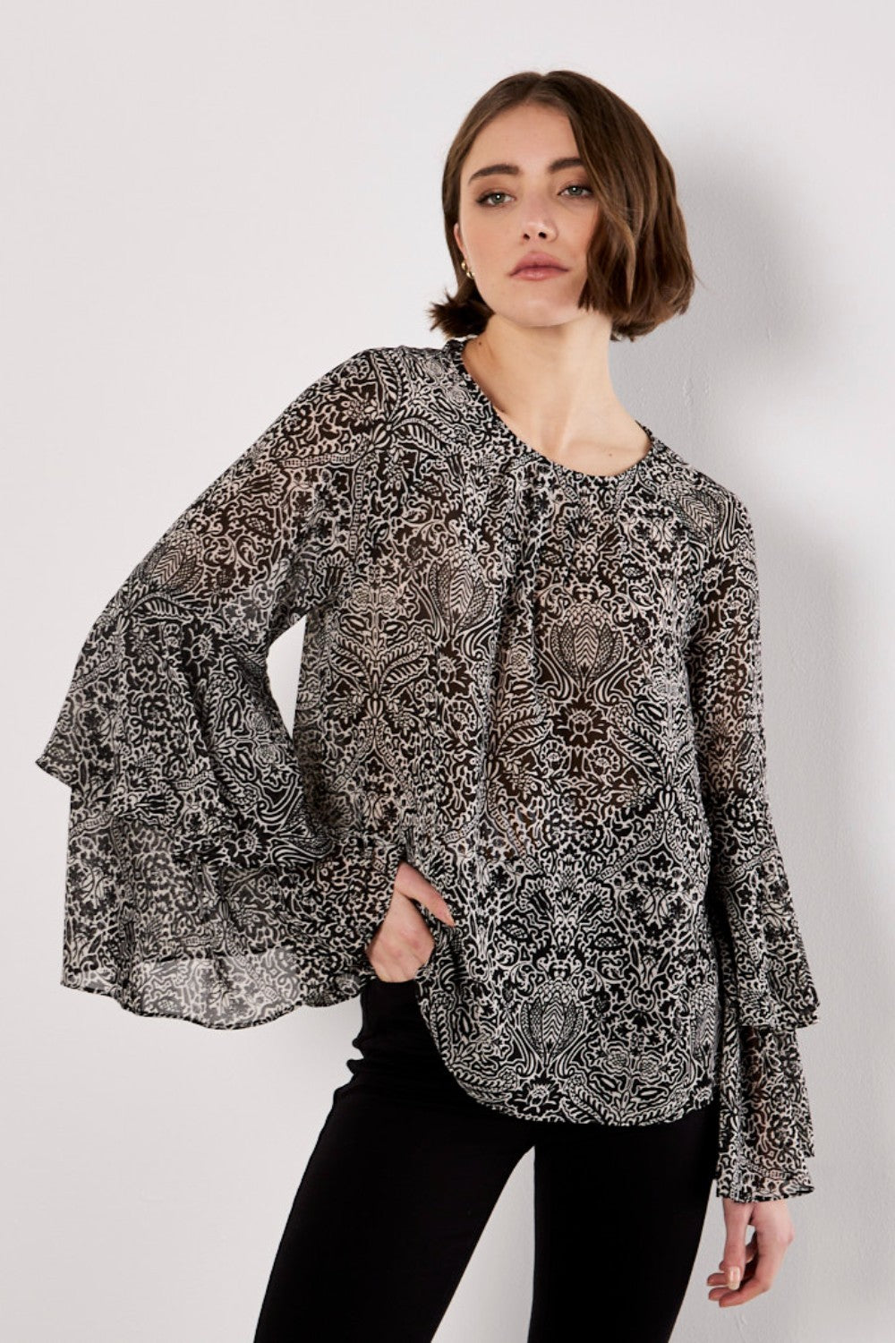 Apricot Paisley Print Ruffle Sleeve Blouse