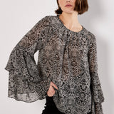 Apricot Paisley Print Ruffle Sleeve Blouse