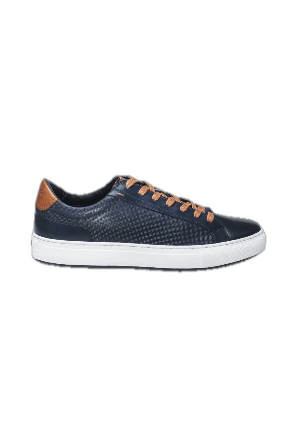 This navy blue leather sneaker features a sleek design complemented by stylish white trim, making it a versatile addition to any wardrobe. Made from high-quality materials, it offers both durability and comfort, ideal for casual outings or everyday wear. The combination of classic black and crisp white ensures a modern aesthetic, while the sneaker's lightweight construction offers ease of movement. Perfect for those seeking a blend of fashion and functionality.