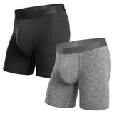 Two pairs of men's underwear, one black and one gray, on a white background.