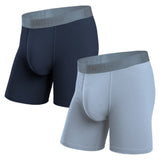 Two pairs of men's boxer briefs, one navy and one gray, on a white background.