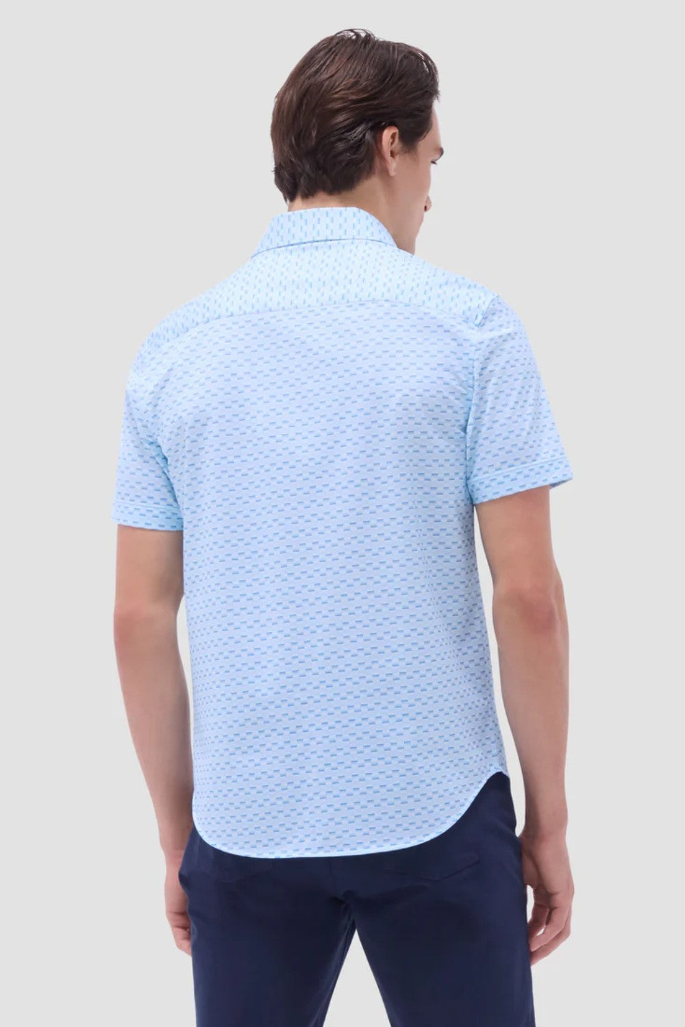 The Miles OoohCotton short-sleeve shirt in basketweave print features a point collar, mother-of-pearl buttons, and a curved hem for a sleek tucked or untucked look. OoohCotton is a performance, double-mercerized, wrinkle-resistant, breathable, and easy-care cotton blend with 8-way stretch, quick-dry, and thermal comfort properties.