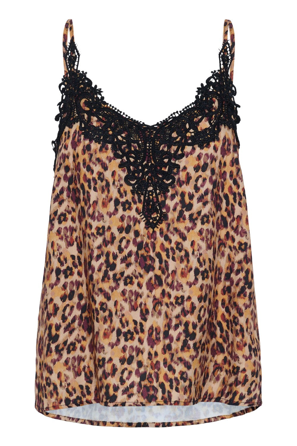 Leopard print camisole with black lace details on a white background