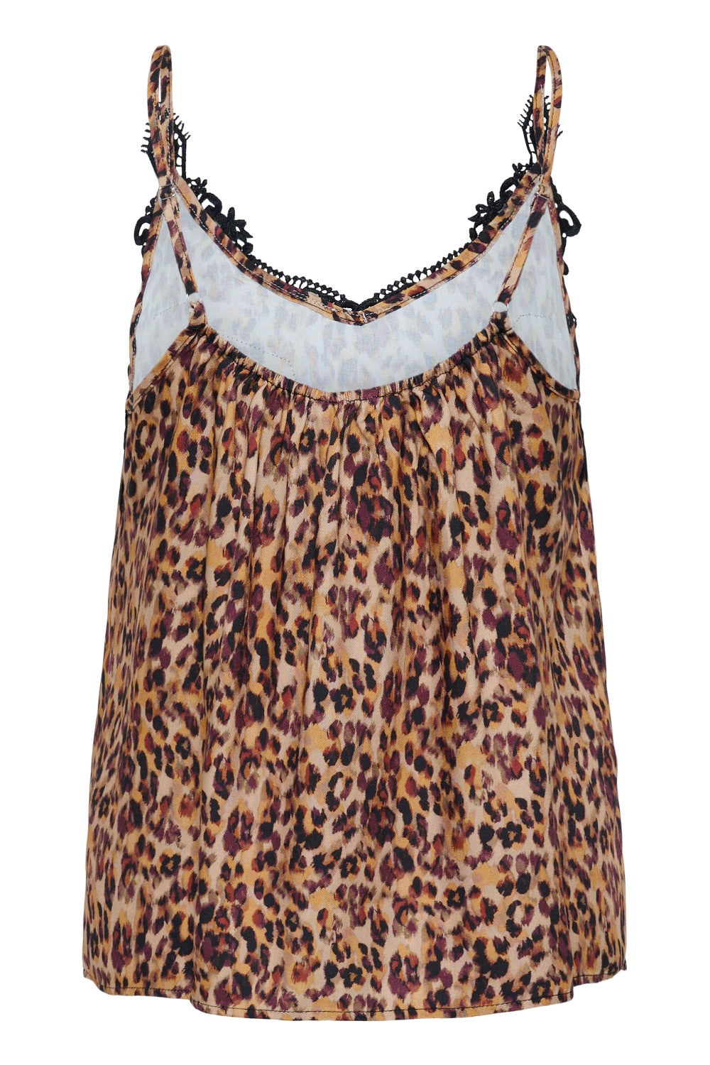 Leopard print camisole with lace trim on a white background