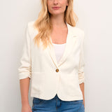 Expertly designed for a polished and chic look, the Cream Cocamia Short Blazer features a one-button closure and two front pockets for convenience. The ruched 3/4 sleeve length adds a touch of sophistication to any outfit, making it a versatile and must-have piece for your wardrobe.