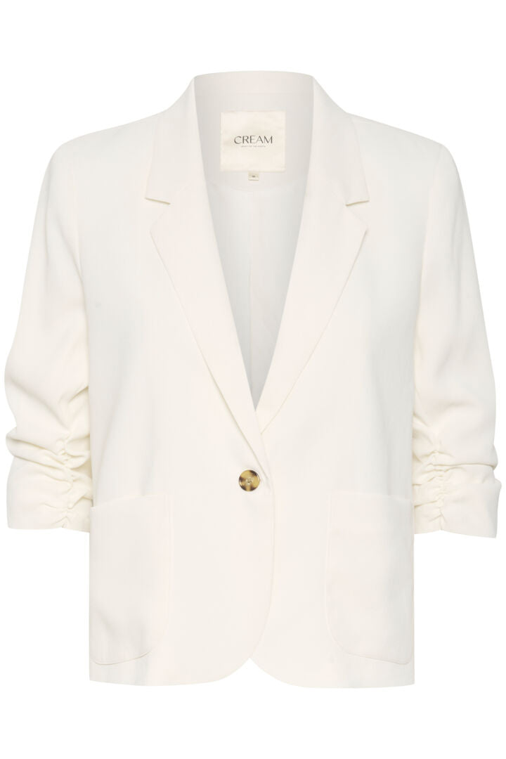 Expertly designed for a polished and chic look, the Cream Cocamia Short Blazer features a one-button closure and two front pockets for convenience. The ruched 3/4 sleeve length adds a touch of sophistication to any outfit, making it a versatile and must-have piece for your wardrobe.