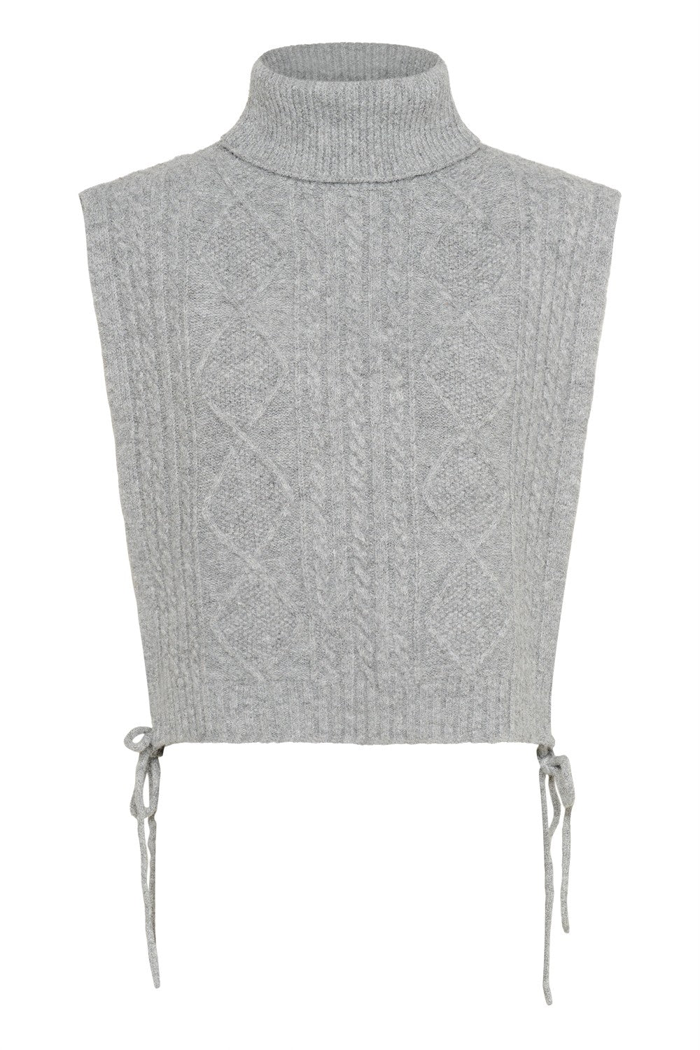 Gray knitted sleeveless top with turtleneck on a white background