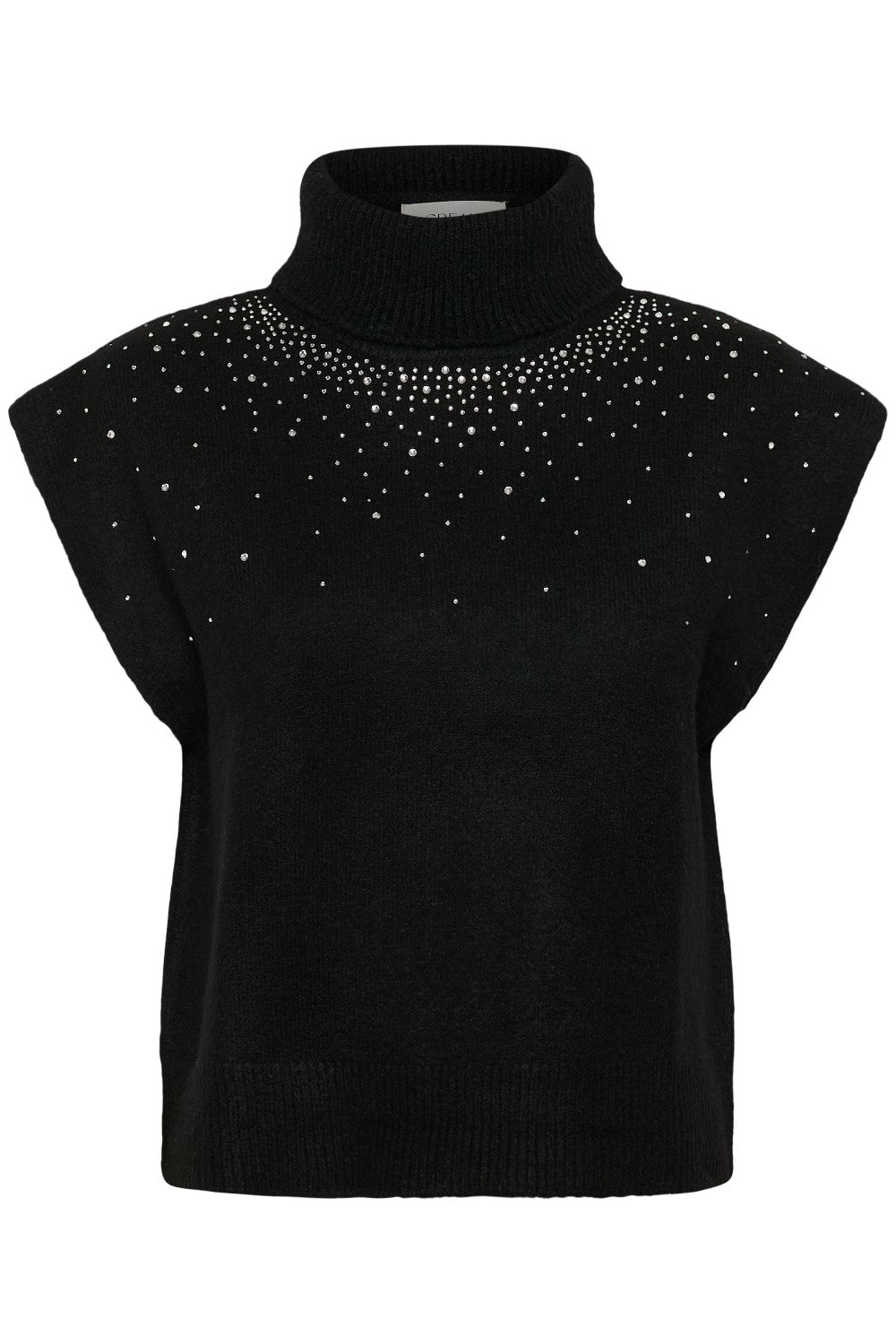 Black sleeveless top with decorative stones on a white background