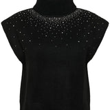 Black sleeveless top with decorative stones on a white background