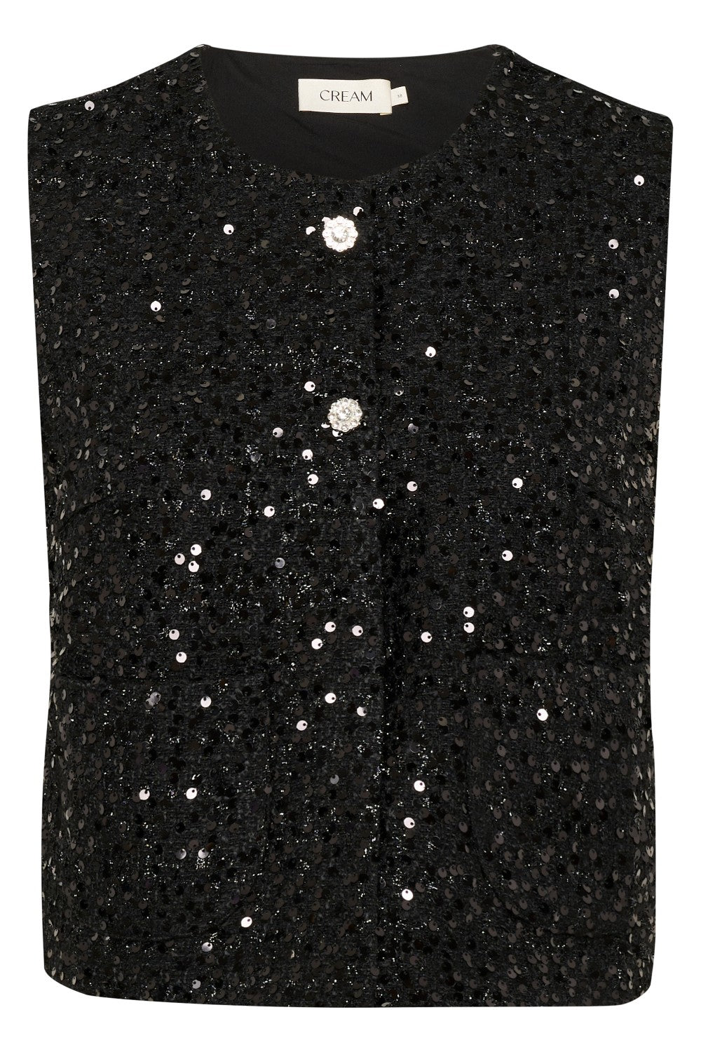 Black sequin vest with a brand label on a white background