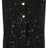 Black sequin vest with a brand label on a white background