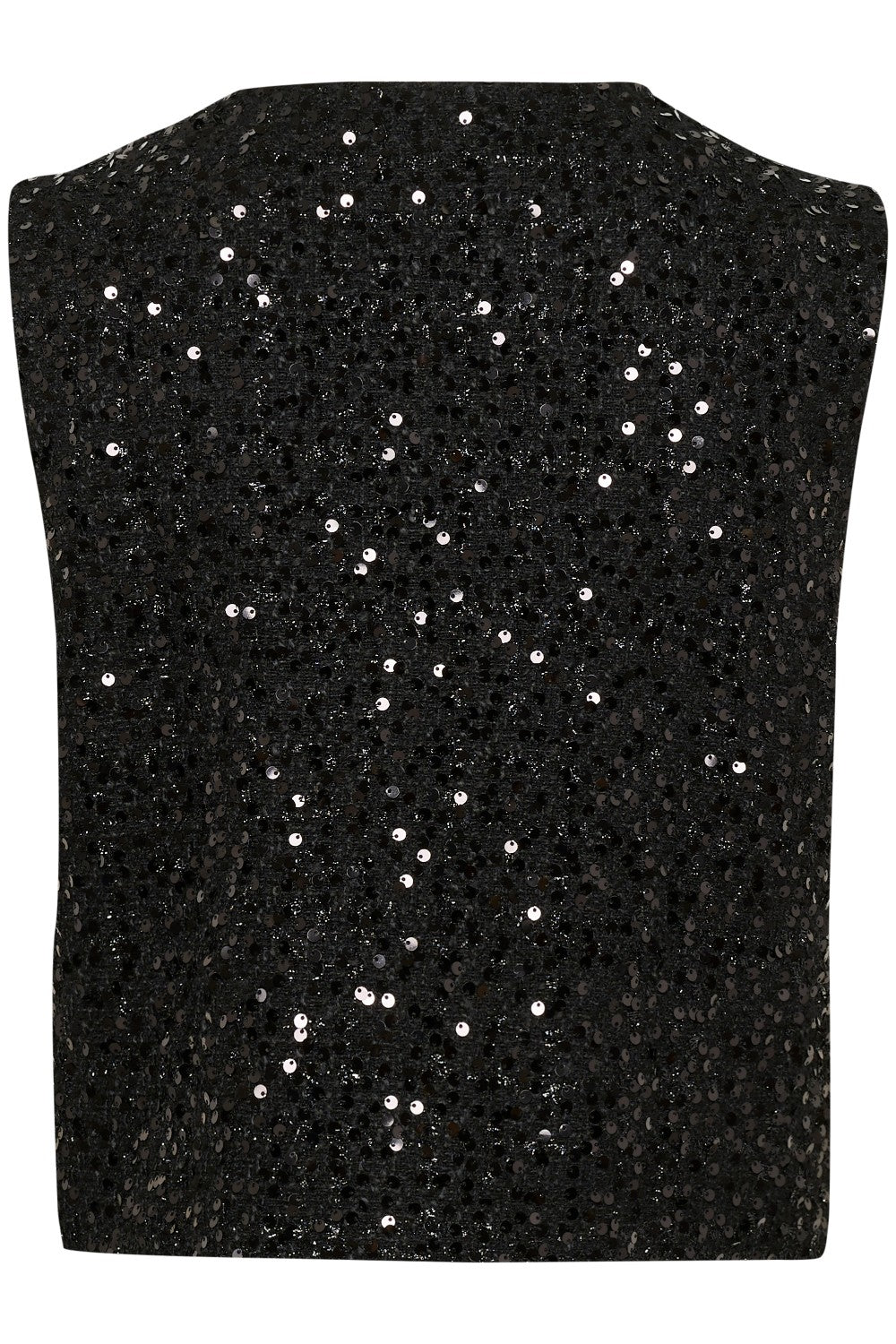 Black sequin vest on a mannequin with a white background