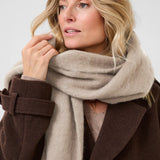 Woman wearing a beige scarf and brown coat against a white background
