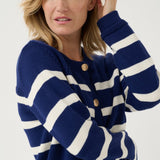 Get ready to set sail in style with our Cream Muka Knit Cardigan. With nautical stripes and striking gold buttons, this piece is both classic and eye-catching. Perfect for adding a touch of seafaring charm to any outfit. Anchors away!