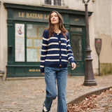 Get ready to set sail in style with our Cream Muka Knit Cardigan. With nautical stripes and striking gold buttons, this piece is both classic and eye-catching. Perfect for adding a touch of seafaring charm to any outfit. Anchors away!
