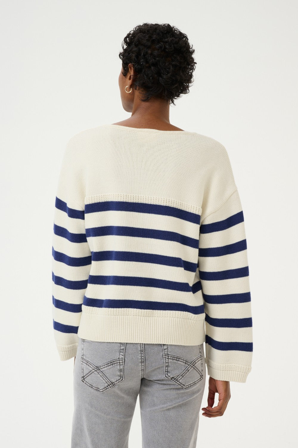 Sail away in style with the Cream Muka Knit Pullover. This nautical-inspired v-neck sweater is made of a comfortable cotton blend, perfect for any casual occasion. Smooth sailing guaranteed!