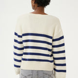 Sail away in style with the Cream Muka Knit Pullover. This nautical-inspired v-neck sweater is made of a comfortable cotton blend, perfect for any casual occasion. Smooth sailing guaranteed!