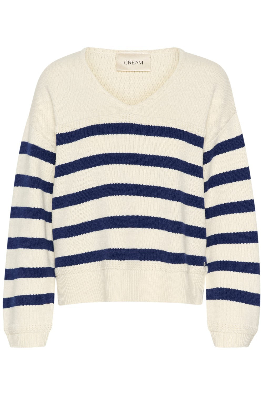 Sail away in style with the Cream Muka Knit Pullover. This nautical-inspired v-neck sweater is made of a comfortable cotton blend, perfect for any casual occasion. Smooth sailing guaranteed!