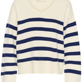 Sail away in style with the Cream Muka Knit Pullover. This nautical-inspired v-neck sweater is made of a comfortable cotton blend, perfect for any casual occasion. Smooth sailing guaranteed!