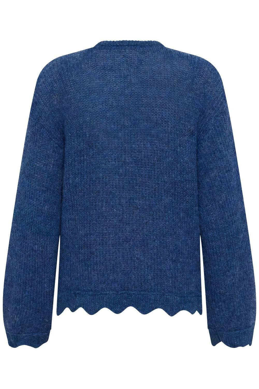 Blue sweater with scalloped hem on a white background