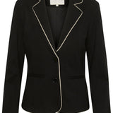 This Cream Saila Jersey Blazer boasts a timeless pitch black colour and sleek sand piping, exuding sophistication. Fully lined for comfort and durability, with a 2 button closure for a classic touch. The stretchy fabric provides a flattering fit and ease of movement, making this blazer a versatile wardrobe essential.