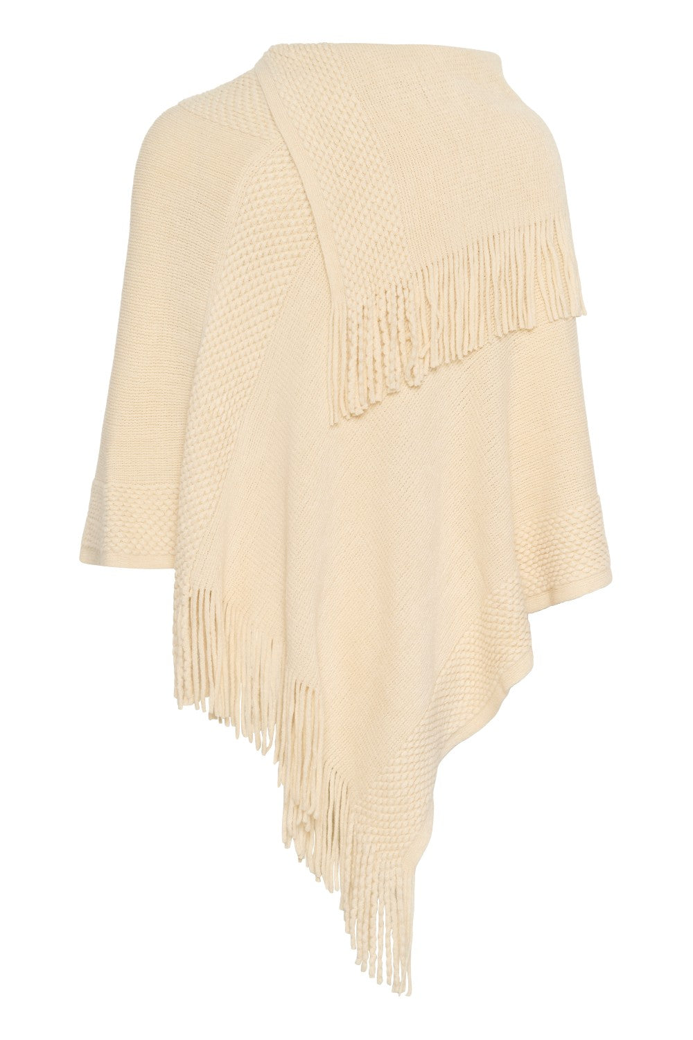 Beige poncho with fringe details on a white background