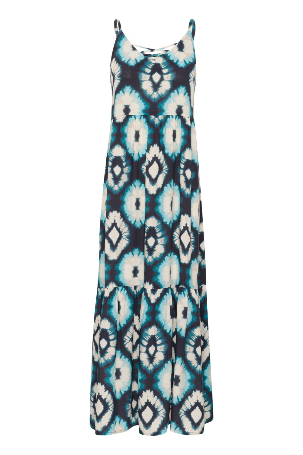 Expertly crafted for comfort and style, the Cream Tiah Dress is the perfect addition to your summer wardrobe. Featuring a maxi length and a stunning Aqua Tie Dye pattern, this dress will make you stand out in any crowd. The adjustable spaghetti straps ensure a perfect fit for any body type. Experience the ultimate blend of fashion and functionality with the Cream Tiah Dress.