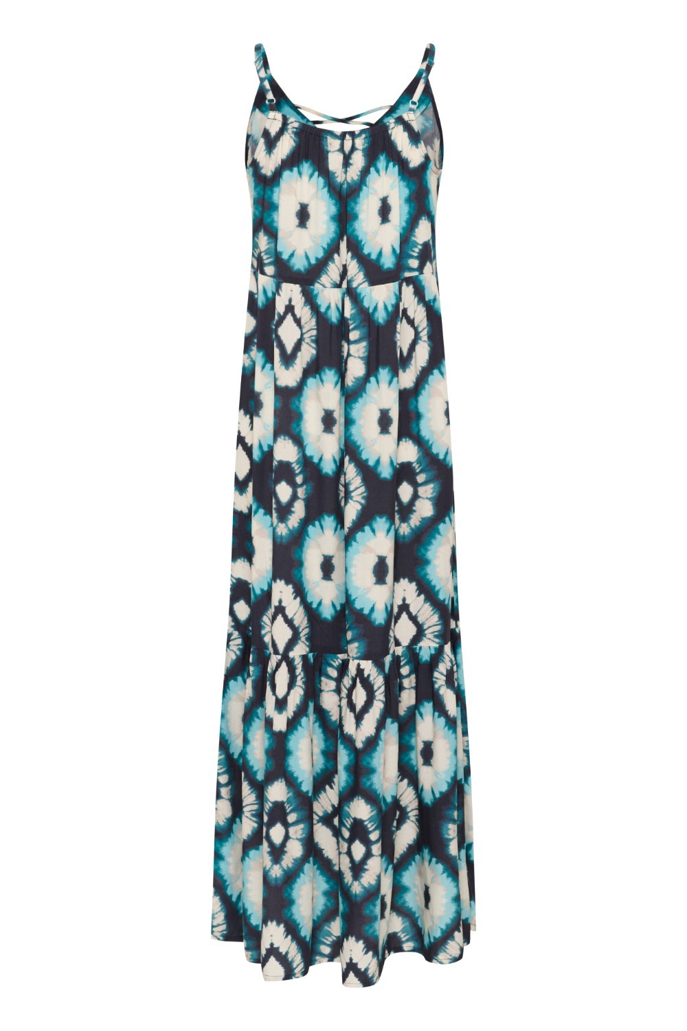 Expertly crafted for comfort and style, the Cream Tiah Dress is the perfect addition to your summer wardrobe. Featuring a maxi length and a stunning Aqua Tie Dye pattern, this dress will make you stand out in any crowd. The adjustable spaghetti straps ensure a perfect fit for any body type. Experience the ultimate blend of fashion and functionality with the Cream Tiah Dress.