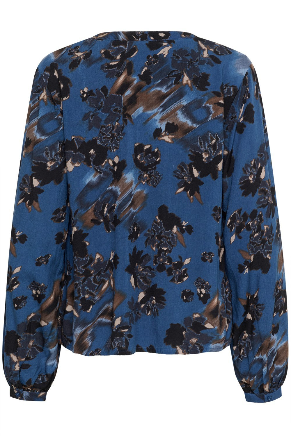 Blue floral blouse with black and gold flowers on a white background