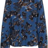 Blue floral blouse with black and gold flowers on a white background
