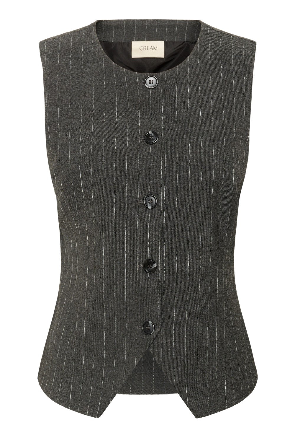 Gray pinstripe vest with buttons on a white background