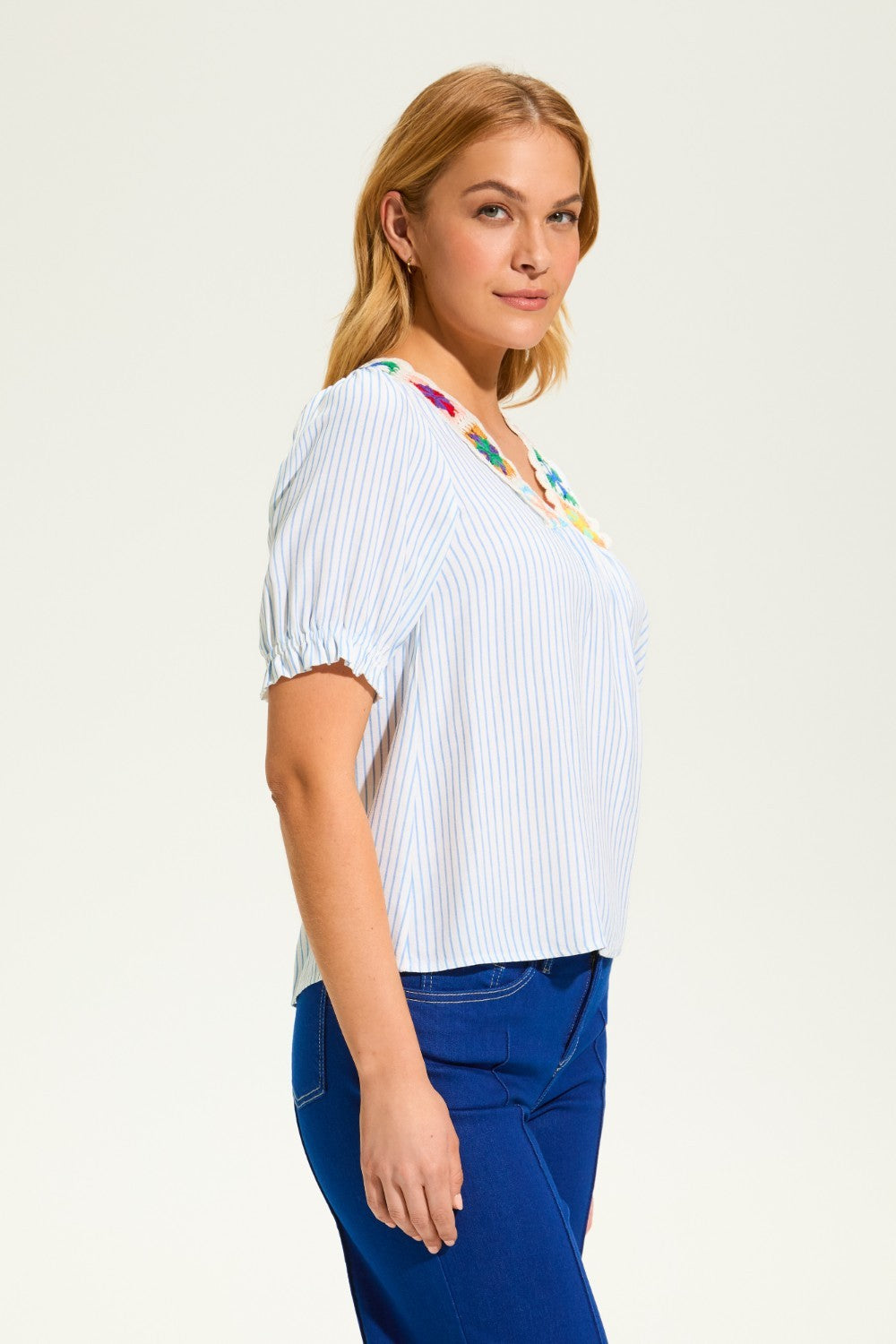 This FDJ V Neck Crochet Trim Blouse exudes boho chic style and pairs beautifully with denim. The intricate crochet trim adds a touch of femininity to this versatile blouse, making it a must-have for any fashion-forward wardrobe. Elevate your look with this stylish piece.