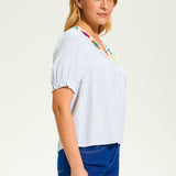 This FDJ V Neck Crochet Trim Blouse exudes boho chic style and pairs beautifully with denim. The intricate crochet trim adds a touch of femininity to this versatile blouse, making it a must-have for any fashion-forward wardrobe. Elevate your look with this stylish piece.