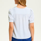 This FDJ V Neck Crochet Trim Blouse exudes boho chic style and pairs beautifully with denim. The intricate crochet trim adds a touch of femininity to this versatile blouse, making it a must-have for any fashion-forward wardrobe. Elevate your look with this stylish piece.
