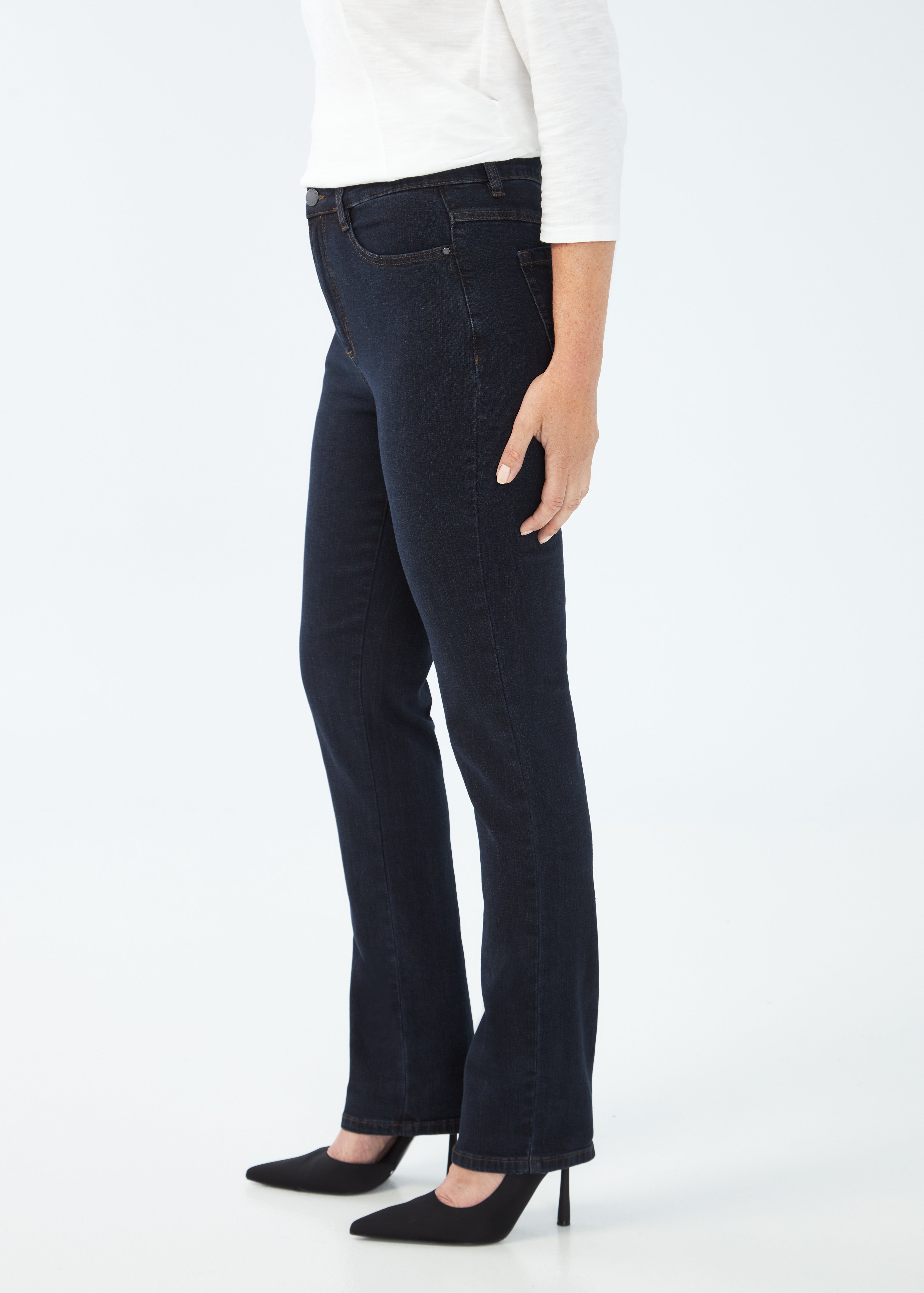 Why mess with a classic? Our Classic Denim Petite Suzanne fits like a glove. Sits at the natural waist and flatters the figure.