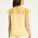 Brighten up your wardrobe with the FDJ Flutter Sleeve Placed Eyelet Top! This solid yellow top is sure to add a pop of colour to any outfit, making you look and feel cheery all day long. Don't miss out on this pretty piece.